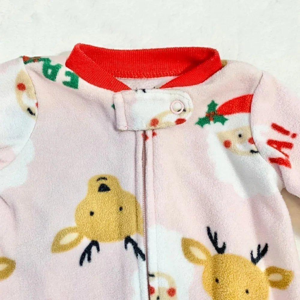 5/$25 Carter's Fleece Footed Sleeper NB Pink Santa Reindeer‎ Christmas Pajamas